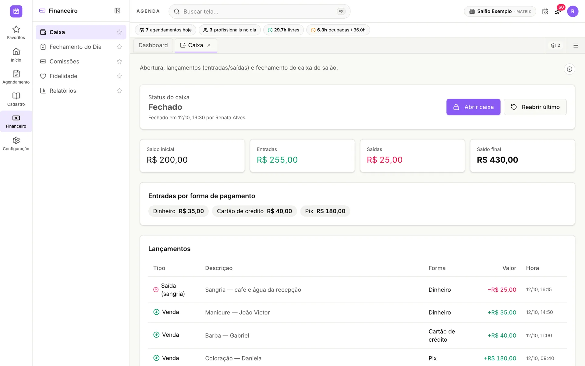 Caixa do udiAgenda aberto com lançamentos e totais por forma de pagamento