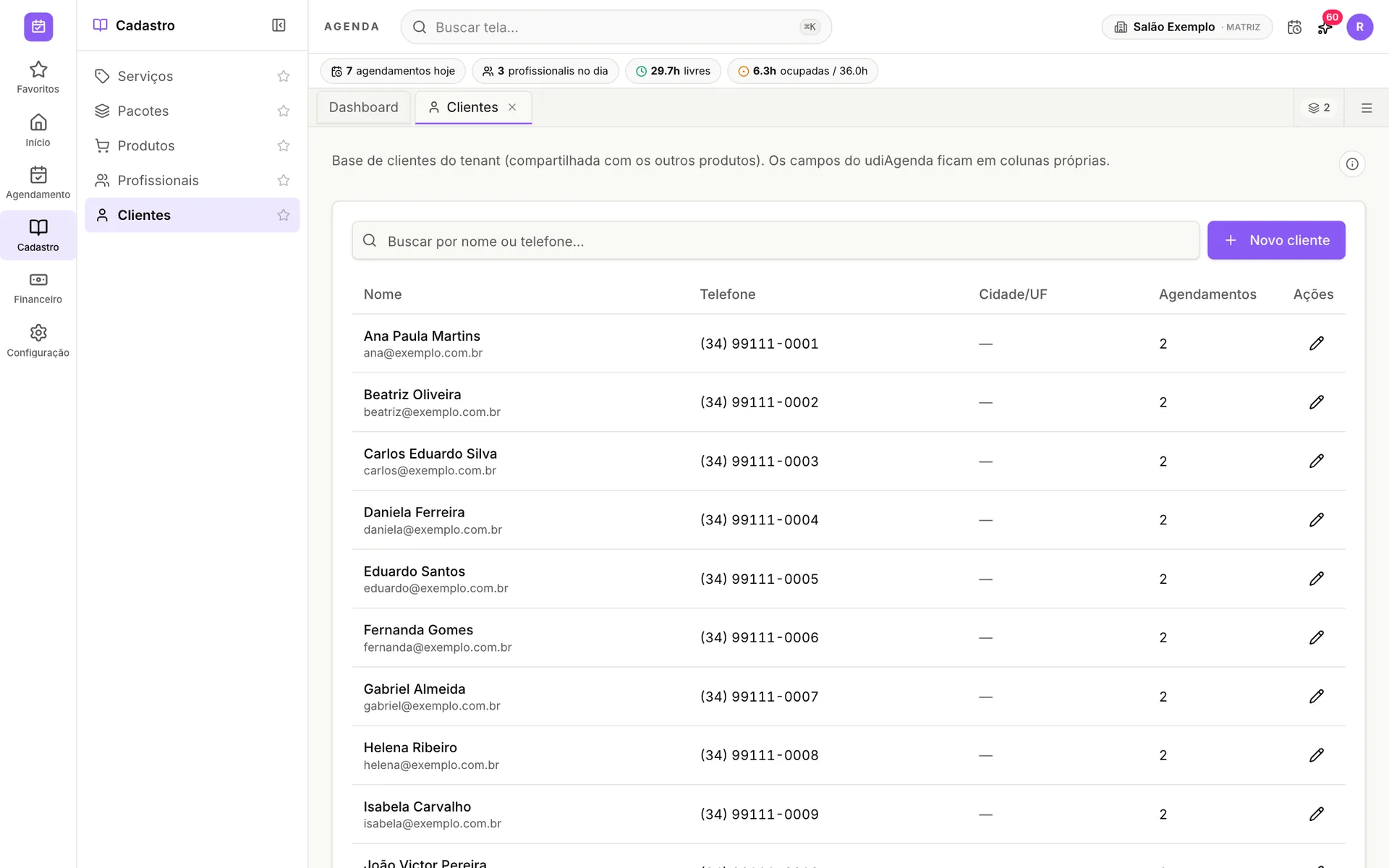 Lista de clientes do udiAgenda com telefone e número de agendamentos