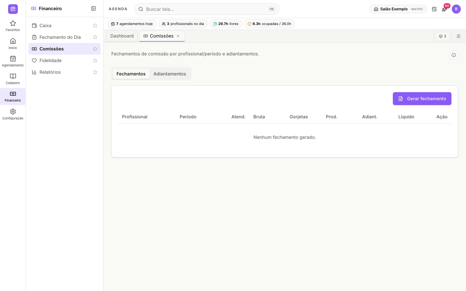 Tela de comissões do udiAgenda com as abas de fechamentos e adiantamentos e o botão de gerar fechamento do período