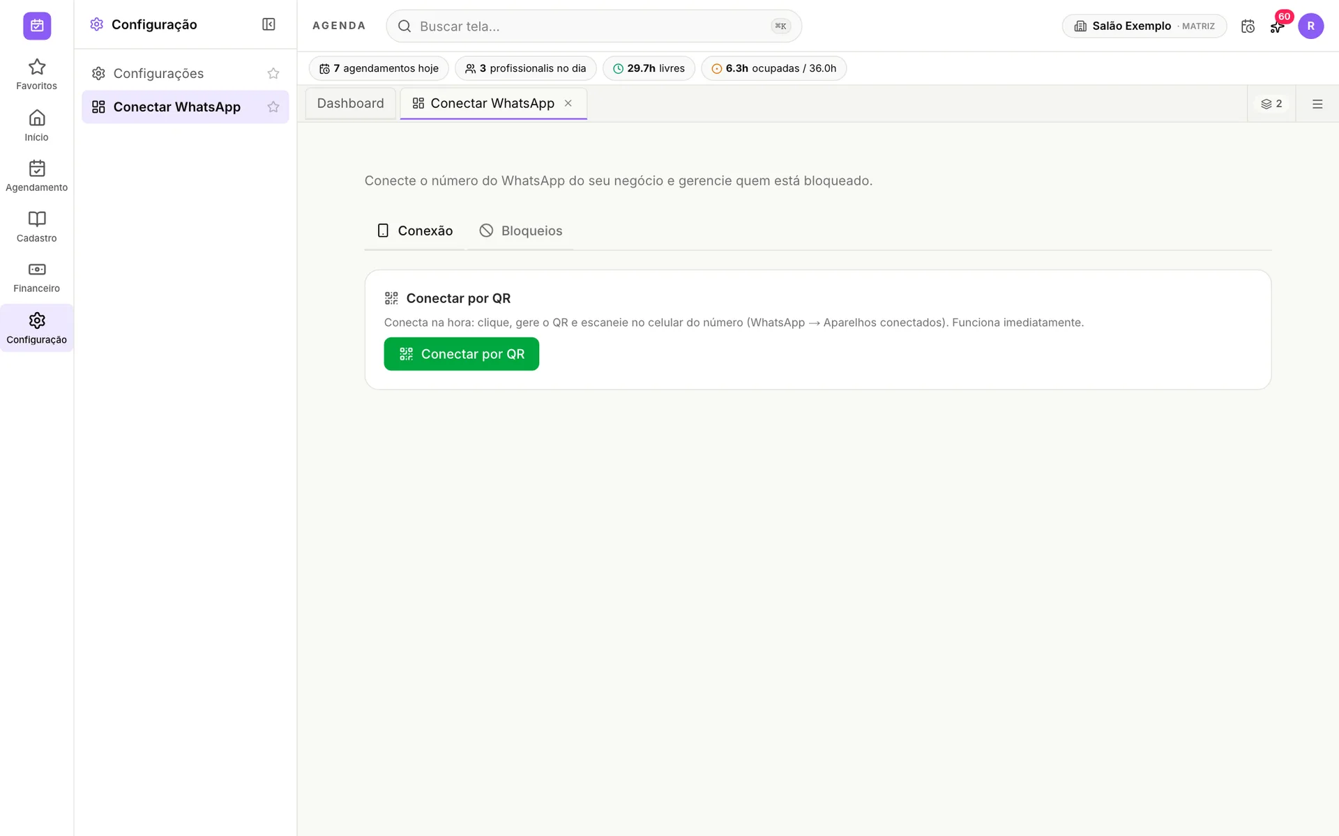 Tela de conexão do WhatsApp da loja no udiAgenda, usada para os lembretes e o código de confirmação