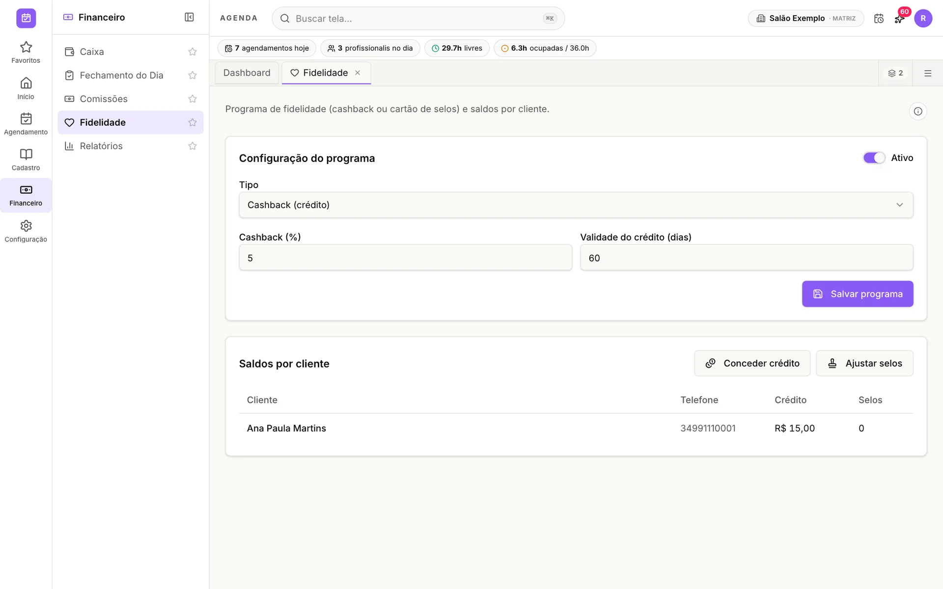 Configuração do programa de fidelidade do udiAgenda com cashback e saldos por cliente
