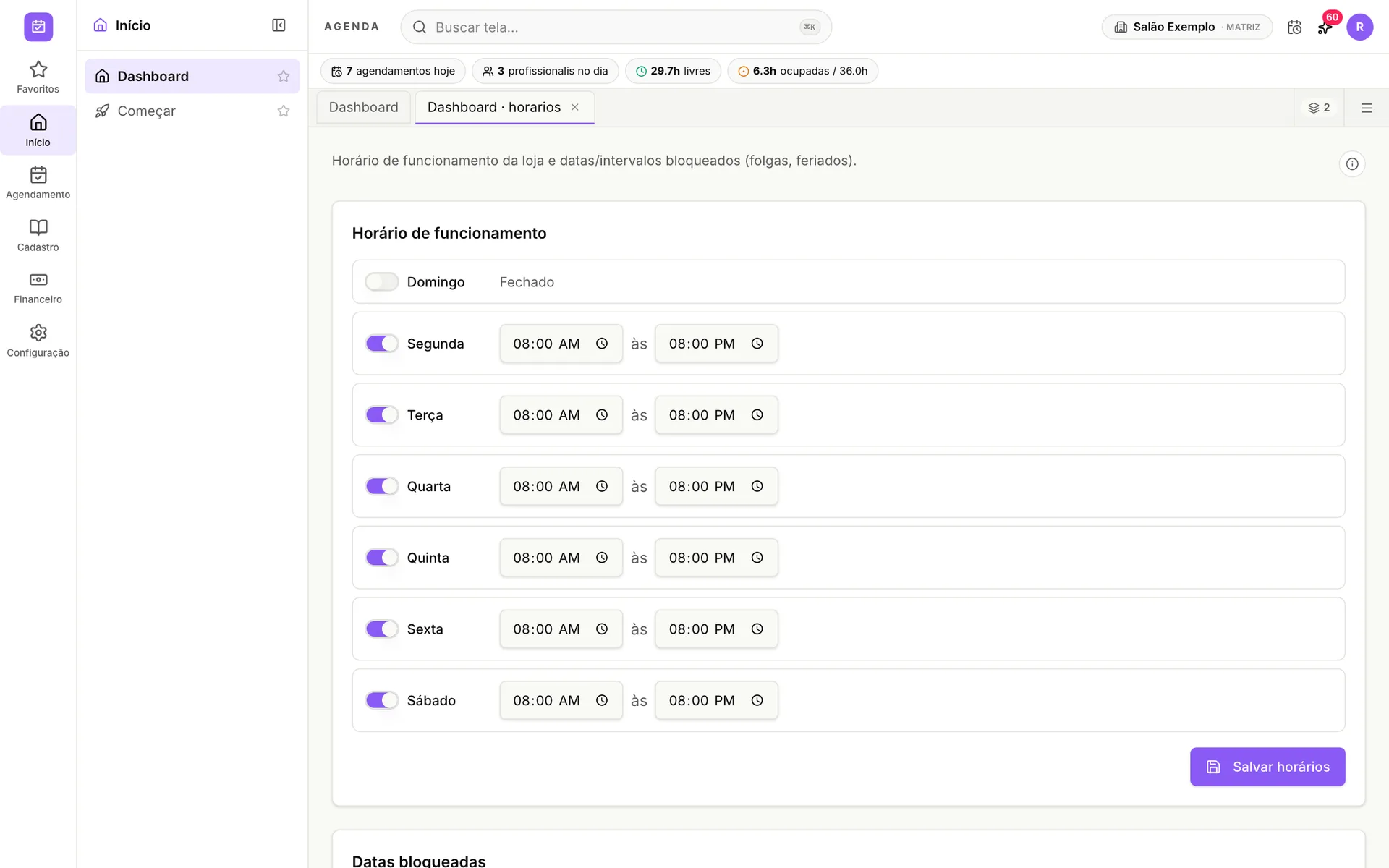 Tela de horário de funcionamento, datas bloqueadas e intervalos bloqueados do udiAgenda